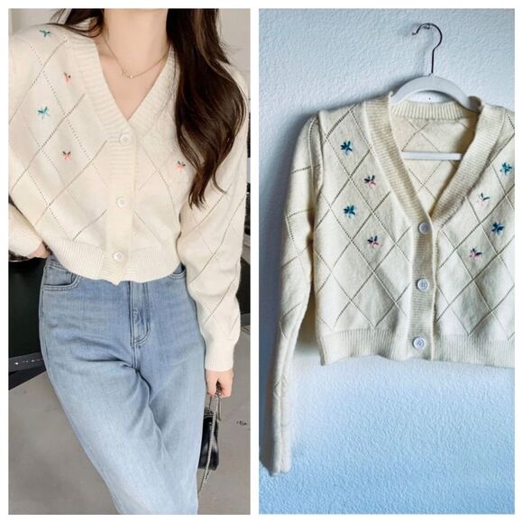 UNNI Cottagecore Cream Lattice Knit Cropped Cardigan with Floral Embroidery Sz S - Picture 1 of 10